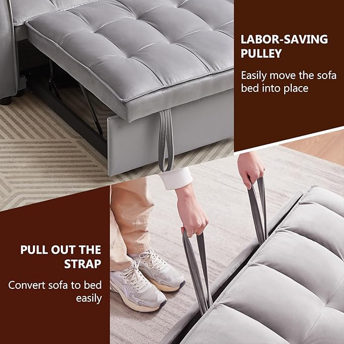 Yafylly 3 in 1 Sleeper Sofa Couch Bed, Pull Out Loveseat with Storage, Full Size Velvet Convertible Chair with 2 Pockets & 2 Pillows for Living Room, Grey