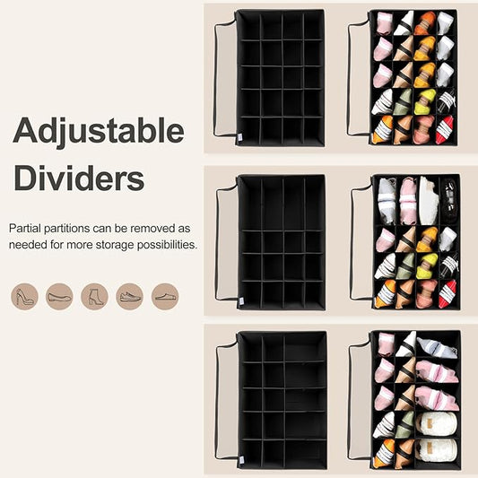 Shoe Organizer for Closet 2 Pack, Foldable Shoe Box with Adjustable Divider and Clear Cover, Space Saving Shoe Storage Organizer Cabinet with Reinforced Handles, Fits 40 Pair, Black, TP11B