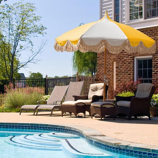 6.5ft Pagoda Beach Umbrella with Fringe, UPF 50+ Boho Umbrellas with Carry Bag, Premium Wood Pole Foldable Tassel Umbrella for Outdoor Garden Lawn Pool Yard Table