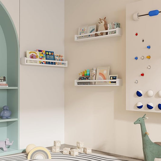 Heimlove Nursery Floating Shelves, Solid Wood Nursery Book Shelves for Wall, 32 inch Bookshelf for Kids, Wall Mounted Shelves for Books,Toys and Decor Storage, Set of 2 (White)