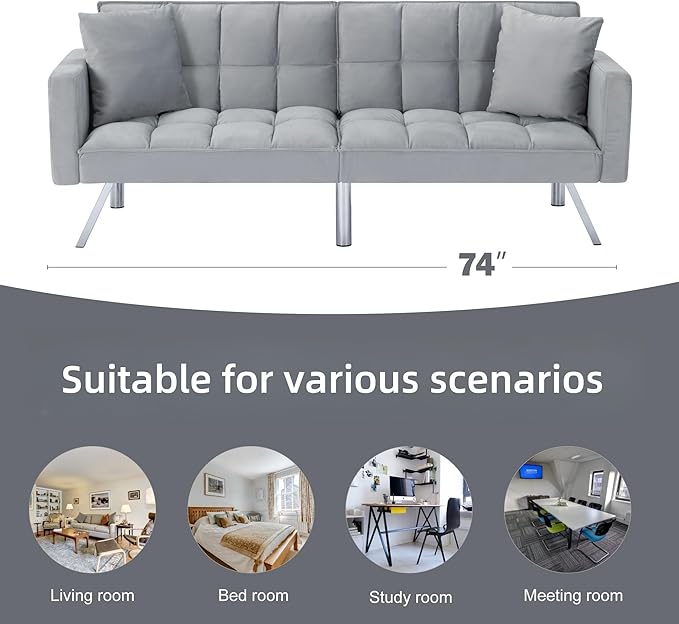 Futon Sofa Bed, 74 Inch Convertible Sofa Couch with Adjustable Backrest and Pillows, Sleeper Couch Bed with Velvet Upholstery, Square Tufted Design for Living Room Home Office, Light Gray