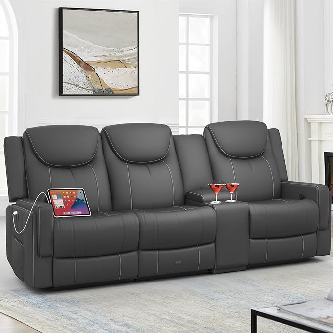 Dresegmt Recliner Sofa, 2 - Way Multi - Function Manual 3 Seater Couch with Cup Holders, Storage & USB Ports, Modern Multifunctional Sofa, Breathable Grey PU Leather Reclining Couch for Living Room