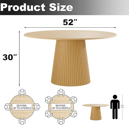 Casaphoria 52" Round Dining Table, Modern Wood Kitchen Table with Cone Grating Bar Base for Living Room & Dining Room, Easy Assembly Farmhouse Furniture for 4-6, Oak