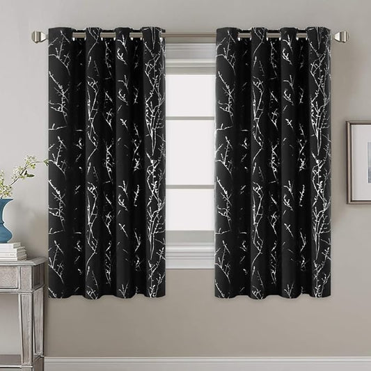 H.VERSAILTEX Blackout Curtains for Bedroom Foil Print Twig Tree Branch Thermal Insulated Grommet Curtain Drapes Light Blocking Thick Soft Window Curtains for Living 52 x 63 Inch, 2 Panels, Black