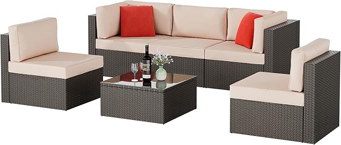 Shintenchi 6 Pieces Patio Furniture Sets Outdoor All-Weather Sectional Patio Sofa Set PE Rattan Manual Weaving Wicker Patio Conversation Set with Glass Table&Ottoman Cushion and Red Pillows, Beige