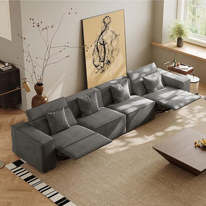 145'' Power Sofa for Living Room, Electric Recliner Sofa, Sofa with Pillows, Sectional Sofas with Recliners, Pet Friendly, Free Combination for Home, Dark Grey