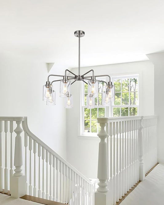 8-Light Brushed Nickel Chandelier with Clear Glass Shades, E26 Base Modern Pendant Light Fixture, Adjustable Swivel Heads Ceiling Lighting, Farmhouse Chandelier for Dining Room Kitchen Hallway