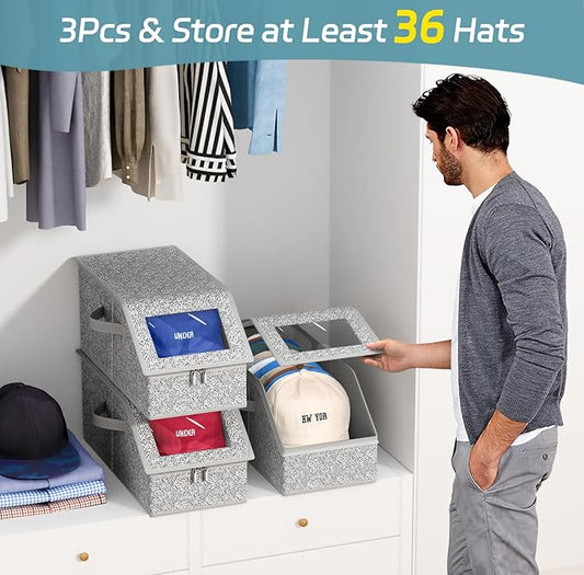 AOODA 3 PCS Stackable Hat Storage for Baseball Caps, Holds up to 36 Caps Cap Organizer for Closet, Sturdy Hat Boxes for Men with Cardboard, Grey
