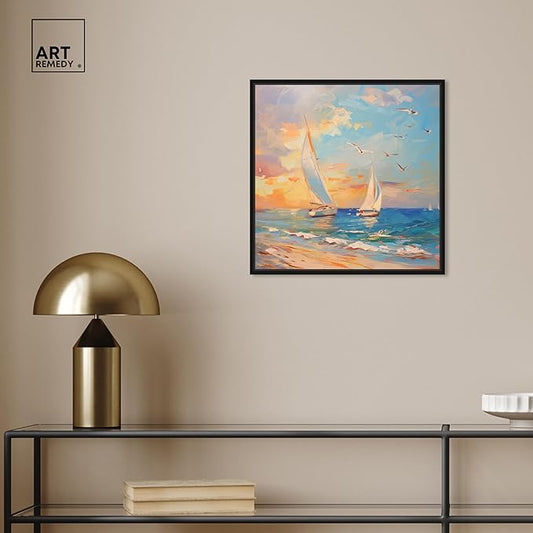 Art Remedy Sailboats In The Sunset Framed Sailing 1 Piece Canvas Wall Art, 17" x 17", Black Frame