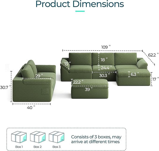 LINSY HOME Modern Boneless Cloud Couch Set with Movable Ottomans, Deep Seat Corduroy Secional Sofa Couch Sets for Living Room, Apartment, Office, No Assembly Required, Green