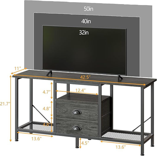 Furologee TV Stand with 2 Fabric Drawers, 43 Inch Entertainment Center with Open Storage Shelves, Media Console Table for Bedroom, Living Room, Light Black Oak