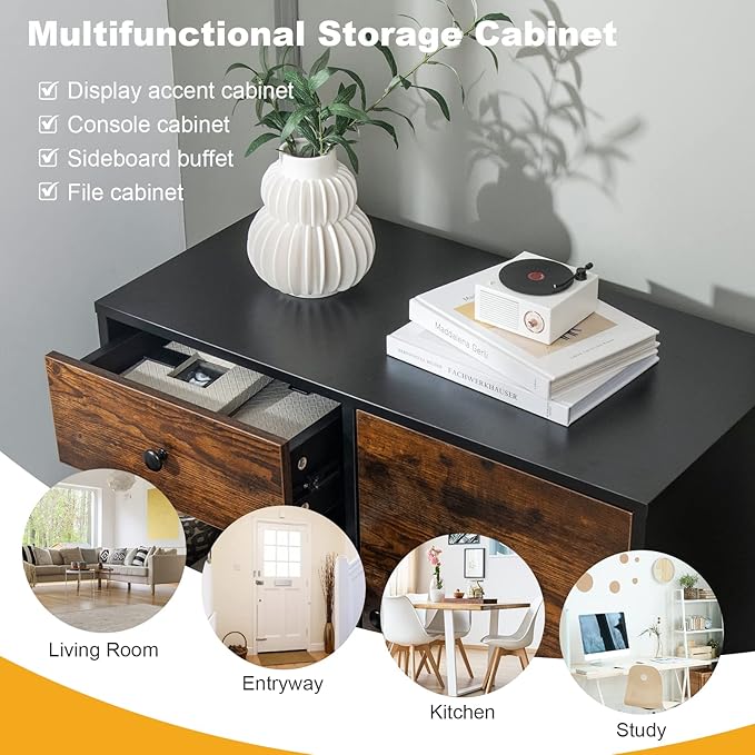 Tangkula Storage Cabinet with 3 Drawers and Door, Industrial Wood Accent Cabinet with Adjustable Shelf, Retro Farmhouse Sideboard Buffet for Kitchen Living Room (Industrial)