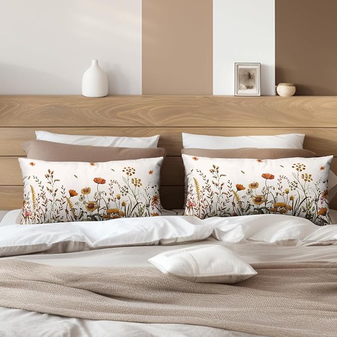 Fall Lumbar Pillow Covers 12x20 Set of 2 Autumn Flowers Decorative Outdoor Throw Pillow Case Burnt Orange Floral Thanksgiving Harvest Rectangle Pillowcase for Couch Sofa