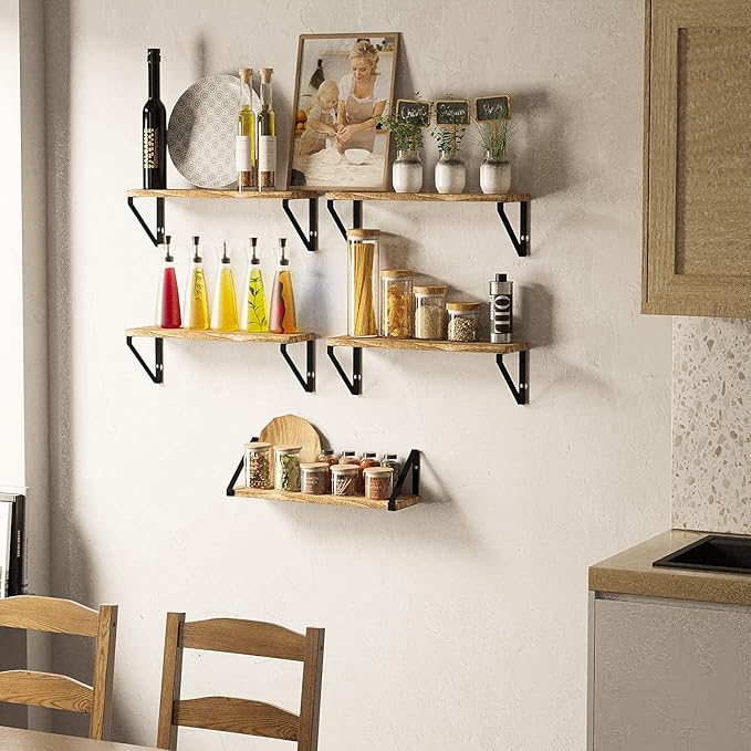 Wallniture Ponza 17'' x 4.5'' Floating Wall Shelf Bathroom, Small Wood Book Shelves for Wall Storage, Wall Mounted Shelf, Dining Room, Bedroom, Living Room, Office & Kitchen Organization, Burnt, 5pcs