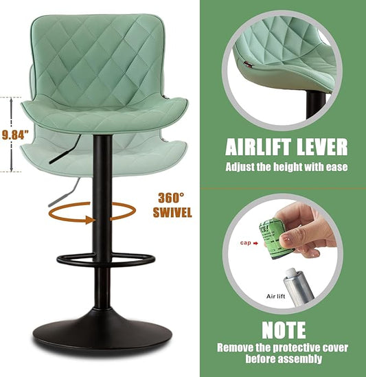 YOUNUOKE Bar Stools Set of 2 with Back Modern Faux Leather Swivel Counter Height Barstools Adjustable Tall Bar Stool Chairs for Kitchen Islands, Sea Green