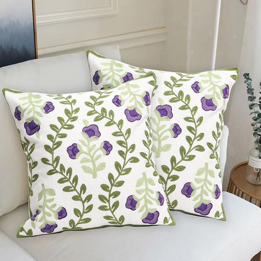 Set of 2 Embroidered Decorative Throw Pillow Covers Couch Square Pillowcases Cushion for Bedroom Sofa Farmhouse Decor 18x18 Inch (Purple Floral)