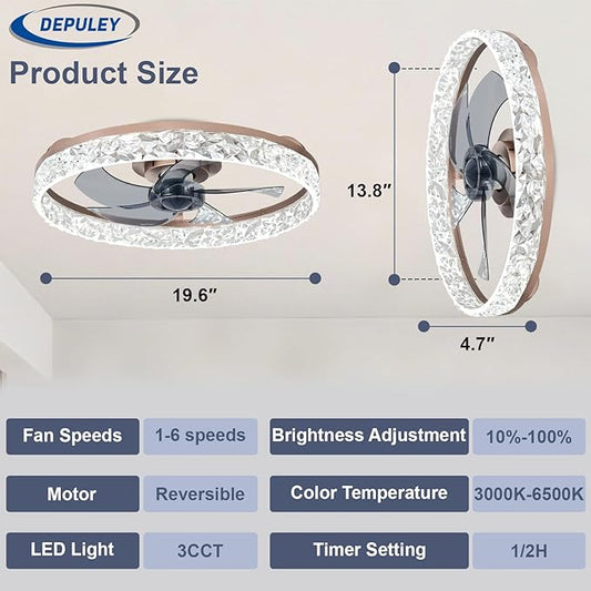 Depuley Bedroom Ceiling Fans with Lights: 20" Modern Low Profile Flush Mount Bladeless Ceiling Fan with App Remote Control - Brown Fandelier for Living Room Kitchen Dimmable Quiet DC Motor