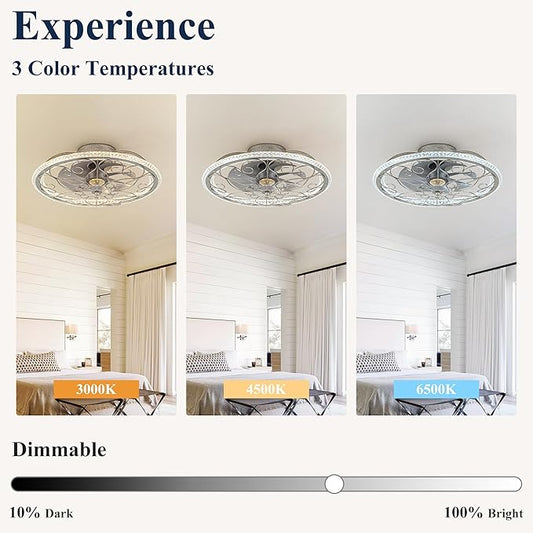 NORFOLK Low Profile Ceiling Fans with Lights and Remote, 20'' Flush Mount Lighting Fan, Smart Bladeless Caged Fandelier, 3 Colors Dimmable LED and 6 Speeds