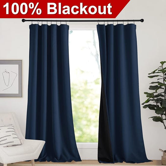 NICETOWN Full Blackout Curtains 108 inches Long, Rod Pocket Noise Reduction Window Treatment Curtains, Thermal Insulated Energy Smart Drapes for Apartment Decor, Navy, Set of 2, 52 inches W