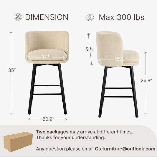 26" H Counter Height Swivel Bar Stools Set of 4, Barrel Counter Stools with Backrest, Linen Fabric Upholstered Barstools with Metal Legs for Kitchen Island,Sand
