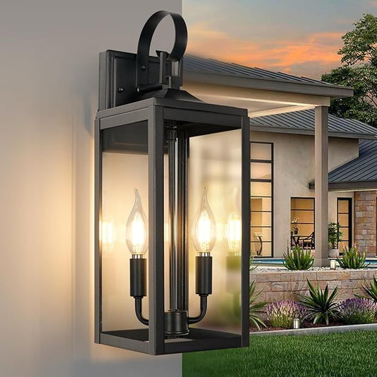 OKELI 17.6" Black Outdoor Wall Light Fixture, Large Exterior Porch Lighting 2-Light Farmhouse Outside Lantern Lights with Clear Glass Waterproof Wall Sconces Lamp for House Garage