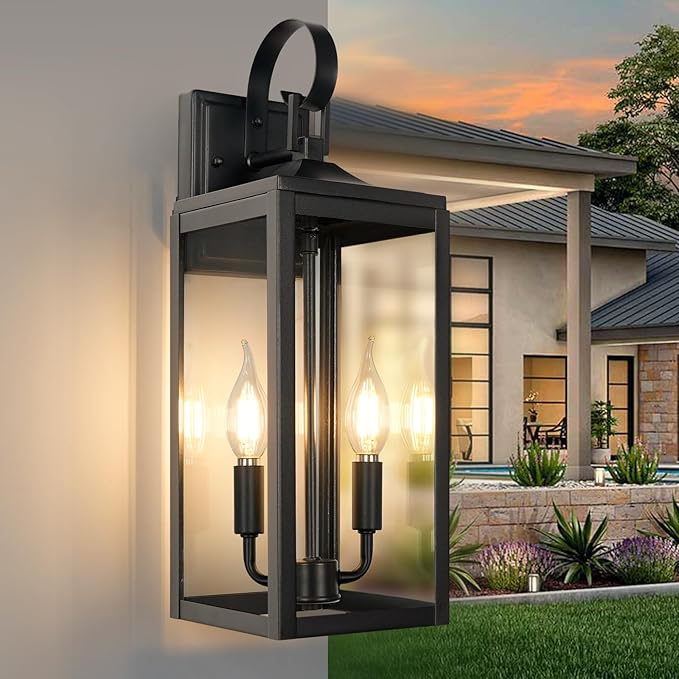 OKELI 17.6" 2-Pack Outdoor Wall Light Fixture, Large Exterior Porch Lighting 2-Light Farmhouse Outside Lantern Lights with Clear Glass Waterproof Wall Sconces Lamp for House Garage