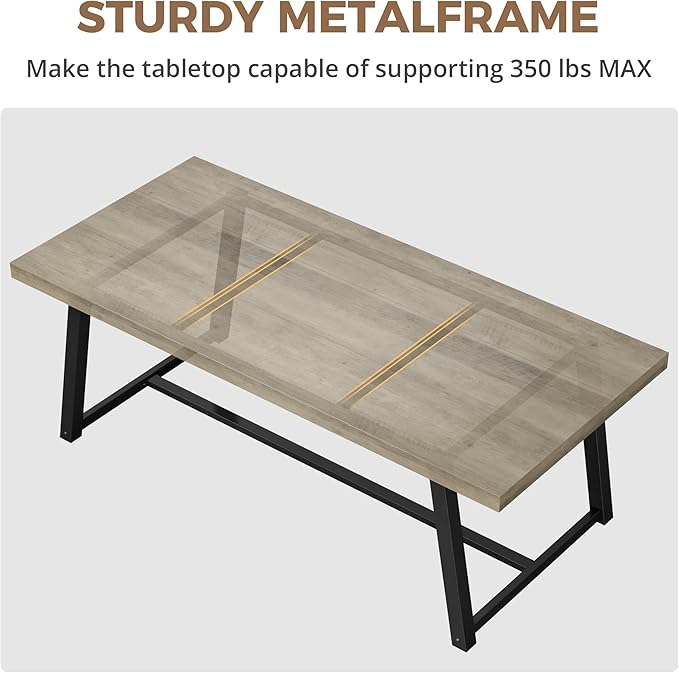 IRONCK 71" Dining Table for 6-8 People, Industrial Kitchen Table with Sturdy Metal Frame, Rectangular Grey Wood Dinner Table for Dining Room