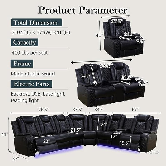 Power Recliner Sectional Sofa Set, Black Leather Sectional Couch, Loveseat and Chair for Living Room, L Shape Reclining Sofa with Cup Holder, Hidden Storage, Coffee Table for House(9 Seat)