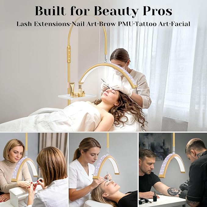 Bling Lash Light for Eyelash Tech, Flexible Neck Led Half Moon Light Floor Lamp for Extensions Tattoo Artists, Professional Shadow-Free Esthetician Light with Stand Tray, Crystal Diamond Gold