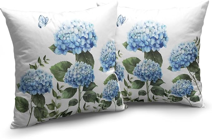 Blue Hydrangea Flower Pillow Covers 16x16 Set of 2 Spring Watercolor Floral Outdoor Throw Pillow Case Summer Green Leaf Seasonal Decorative Cushion Covers for Living Room Couch Sofa Porch