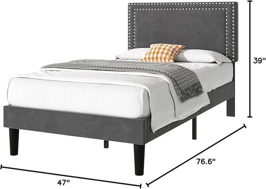 VECELO Twin Size Platform Bed Frame with Adjustable Upholstered Headboard, Strong Wood Slat Support, No Box Spring Needed, Easy Assembly