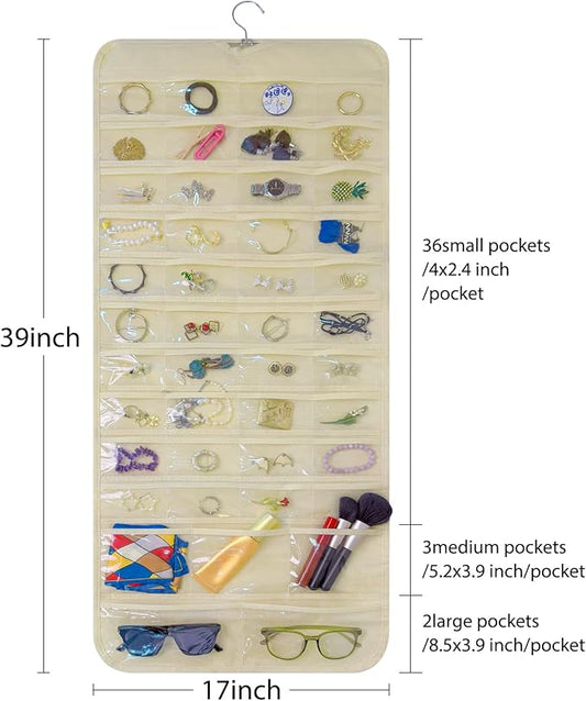 Bloss Hanging Jewelry Organizer With 90 Pockets,Earring Holder Organizer Storage For Valentine's Day Gift,Double-Sided Jewelry Holder for Earrings, Necklaces, Rings on Closet,Wall,Door(Beige)