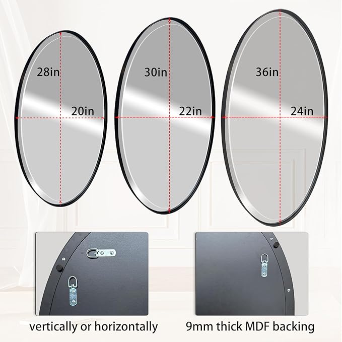 POZINO Matte Black Oval Beveled Mirror, 20"x28" Bathroom Mirror for Over Sink, Modern Rounded Vanity Wall Mirrors for Bedroom Living Room Entryway Fireplace, Wall Mount Hangs Horizontal Or Vertical
