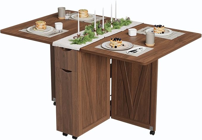 Garvee Folding Dining Table with Storage, Folding Kitchen Table with 6 Wheels, Drawer & Shelves, Compact Dining Table for Small Spaces