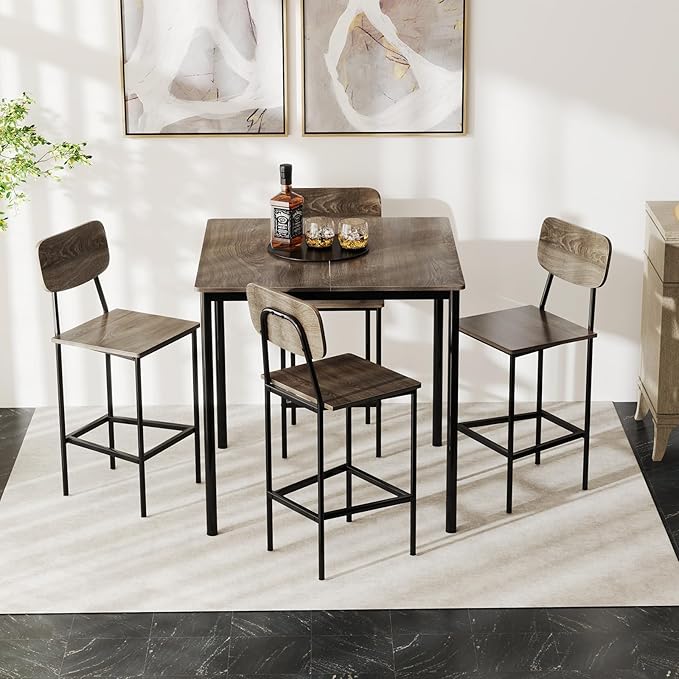 GOFLAME 5-Piece Dining Table Set for Small Space, Kitchen Table and Chairs Set for 4 with Steel Frame, Square Breakfast Table Set, Industrial Counter Height Table Set for Home Restaurant, Grey Oak