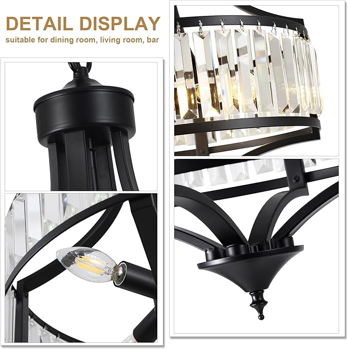 16" Modern Black Crystal Chandelier, 4-Light Farmhouse Dining Room Light Fixtures Over Table Hanging, Antique Round Pendant Lights Kitchen Island Entryway Bedroom Office Stairwell Hallway