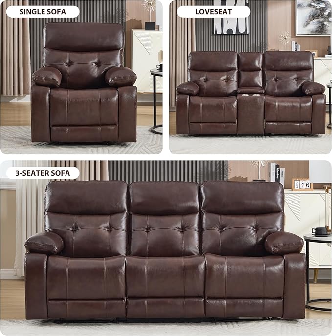 CANMOV Genuine Leather Power Recliner Loveseat, 2 Seat Loveseat Reclining Sofa with Storage Console,Hidden Cup Holders,Modern Electric Recliner Couch Set for Living Room, Bedroom,Dark Brown