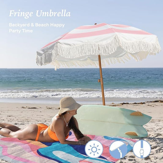 AMMSUN Boho Fringe Umbrella with Outdoor Blanket, 6.5ft UPF50+ Picnic Umbrella with Tassels with Steel Pole & Push Button Tilt, Pink Stripes