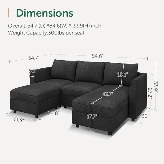 HONBAY Modular Sectional Sofa with Storage U Shaped Sectional Sofa, Convertible Couches for Living Room - Linen Grey