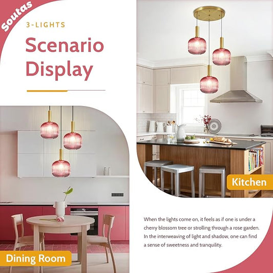 3-Light Glass Pendant Chandelier Pink Pendant Light Vintage Cluster Pendant Lights Kitchen Island Gold Light Fixtures Ceiling Hanging Dining Room Lights Over Table Lighting