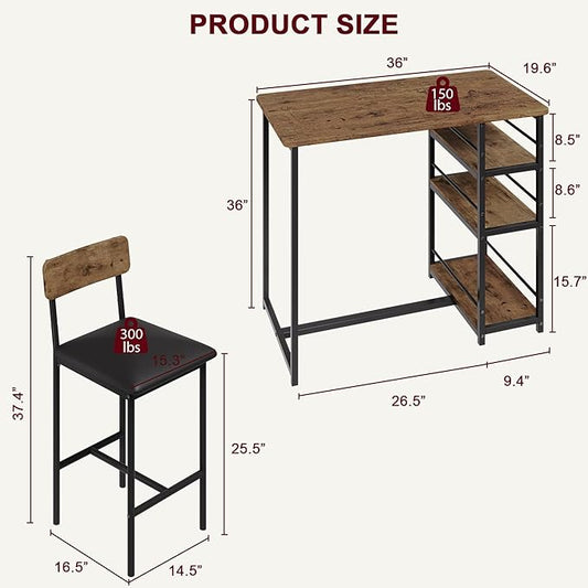 IDEALHOUSE Dining Table Set for 2, Counter Height Kitchen Table and Chairs, Bar Table Set with 2 Upholstered Bar Stools, 3 Piece Dining Room Table Set for Small Space, Apartment, Retro Brown
