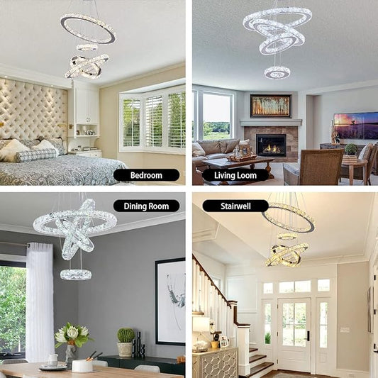 TongLan Modern 4-Ring Crystal LED Chandelier, Adjustable Height 11.8-47.2 in, K9 Crystal & Stainless Steel, 2700-3500K Warm White, Non-Dimmable, for Foyer Staircase Living Room Dining Room