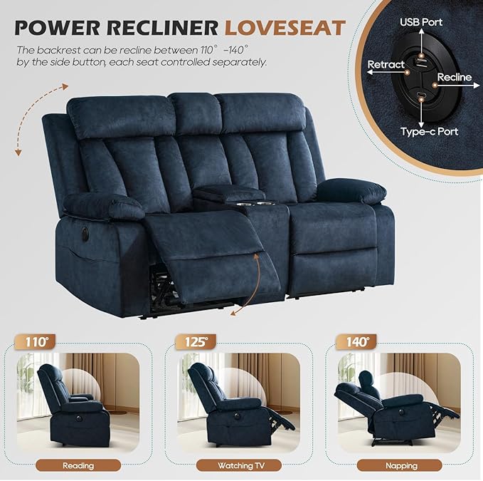 Power Reclining Loveseat with Console, Power Loveseat Recliner Sofa with Heat and Massage, Wall Hugger Loveseat Recliner with Dual Ports, Cup Holders for Living Room, RV Sofa (Blue, Loveseat)