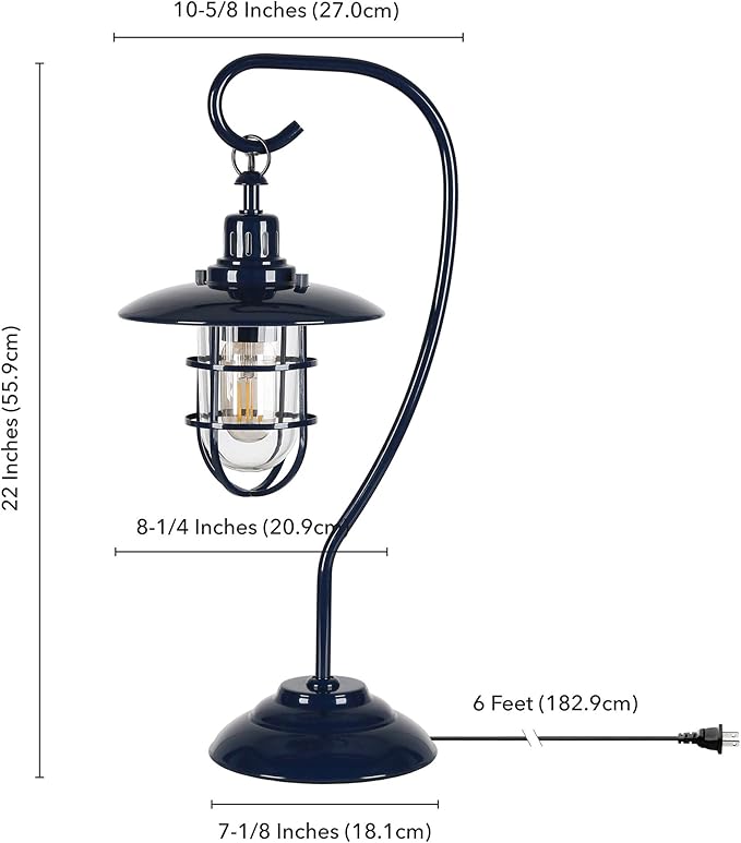 Henn&Hart 22" Nautical 1-Light Table Lamp with Clear Metal and Glass Globe Shade for Living Room, Bedroom, or Office, Dark Blue