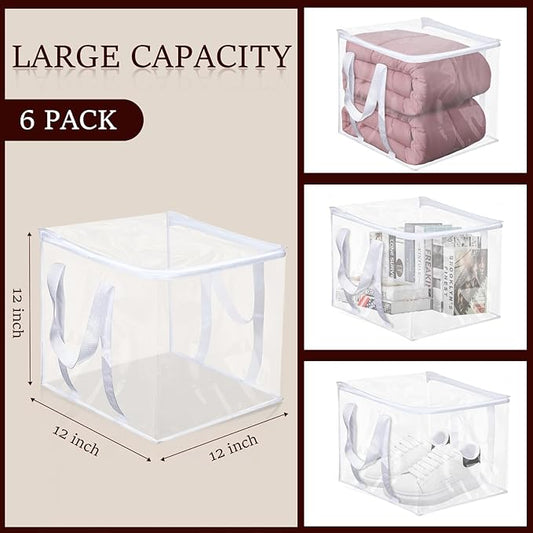 6 Pcs Clear Storage Bags With Zipper 12 × 12 × 12 inch PVC Clear Clothes Storage Bags with Reinforced Handles Moving Bag with Zippers for Clothes, quilts, shoes, blankets (6)