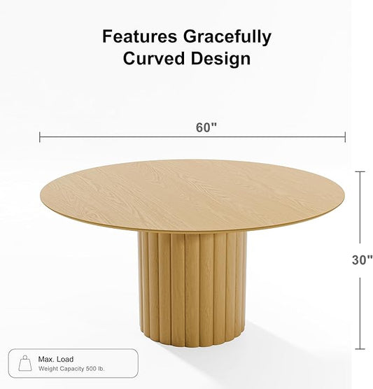 Casaphoria 60" Round Dining Table, Modern Wood Kitchen Table with Cylindrical Wide Bar Protruding Base for Living Room & Dining Room, Easy Assembly Farmhouse Furniture for 4-6, Oak