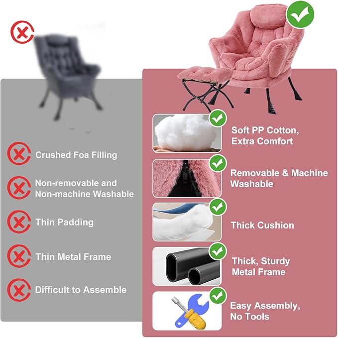 Lazy Chair with Ottoman, Modern Chair with Folding Footrest, Plush Dark Pink Accent Chair, Comfortable Reading Chair, Oversized Armchairs for Bedroom, Study, Living Room, Courtyard