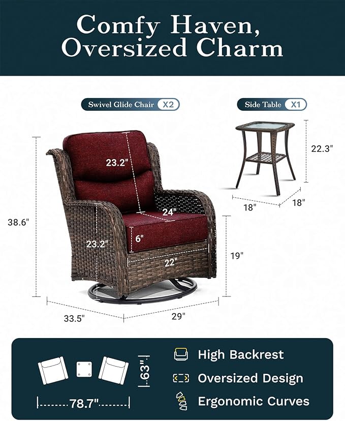 High Back Outdoor Furniture with Extra Thick Cushion Patio Swivel Rocking Chairs, 3PCS Oversized Comfort Wicker Conversation Set for Porch, Deck, Yard in Burgundy