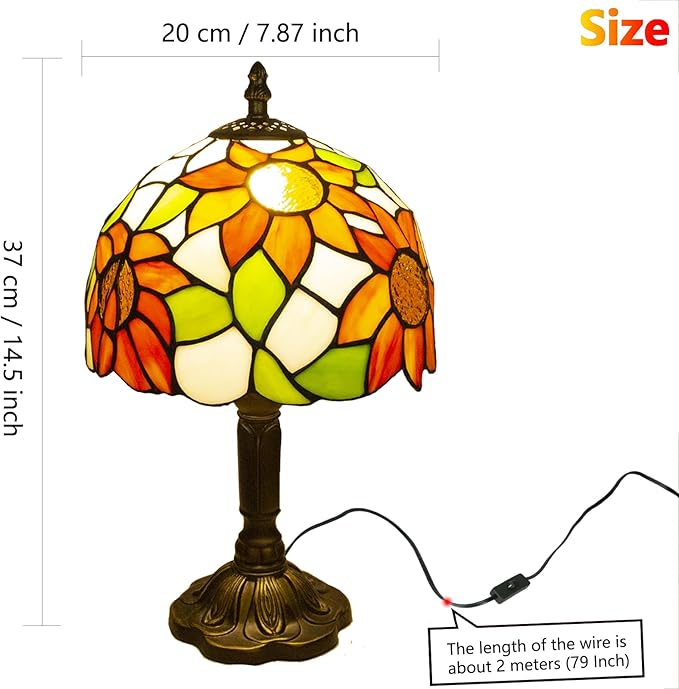 Crefotu Tiffany Style Table Lamp, 3 Color Temperatures Bedside Lamp, 8 Inch Stained Glass Desk Light for Home Office Bedroom Living Room (Sunflower Pattern)