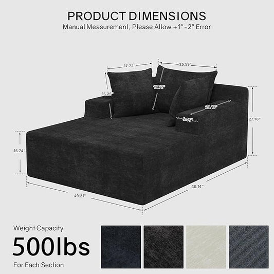 66" Chaise Lounge Chair Indoor, Oversized Boneless Lounge Chair with 3 Pillows, Chenille Cloud Reading Chair for Living Room Bedroom, Deep Seat Sleeper Couch, No Assembly Required | Breathable material